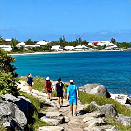 Caribbean Holidays, December Walking, Walkers following a rocky coastal path above a sheltered bay on Saint Barth&eacute;lemy, with island homes and bright blue water in the background