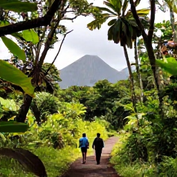 Caribbean Holidays, December Walking, Walkers on a rainforest trail beneath tall tropical trees on Saint Vincent, with volcanic mountain scenery and filtered sunlight