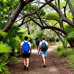 Caribbean Holidays, December Walks, Hikers walking beneath tropical trees on the Reef Bay Trail in St John, United States Virgin Islands