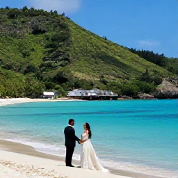 Caribbean Holidays, December Weddings, A bride and groom having wedding photographs taken at Trunk Bay, St John, with lush green hills and clear Caribbean water