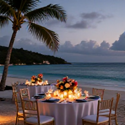 Caribbean Holidays, December Weddings, A candlelit wedding reception on a British Virgin Islands beach at twilight, with tropical flowers, elegant tables and calm sea beyond