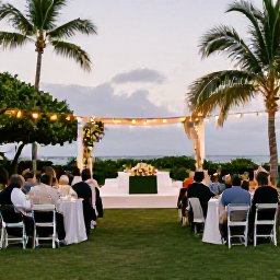 Caribbean Holidays, December Weddings, A Caribbean wedding reception in Montserrat with guests dining outdoors under soft evening lights, tropical greenery and a view of the sea