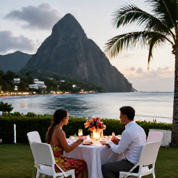 Caribbean Holidays, December Weddings, A couple enjoying a romantic Saint Lucia wedding reception beside the sea, with tropical flowers, candlelit tables and a relaxed evening atmosphere