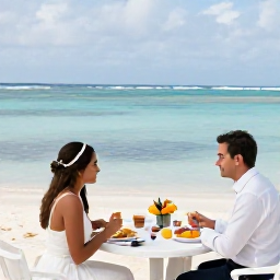 Caribbean Holidays, December Weddings, A couple sharing a quiet beach breakfast after their Caribbean wedding, with tropical fruit, coffee and calm morning sea