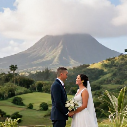 Caribbean Holidays, December Weddings, A happy wedding couple exploring Montserrat, visiting a scenic viewpoint with tropical countryside, volcanic peaks and bright Caribbean sky