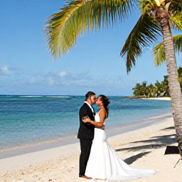 Caribbean Holidays, December Weddings, A newly married couple celebrating on a sunlit Caribbean beach in Trinidad and Tobago, with palm trees, calm turquoise water and elegant wedding details