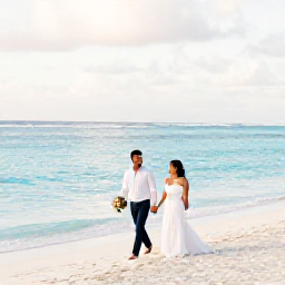 Caribbean Holidays, December Weddings, A newly married couple walking along a bright Caribbean beach in December, with calm turquoise water and soft morning light