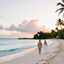 Caribbean Holidays, December Weddings, A newly married couple walking along a quiet white-sand beach in the British Virgin Islands at sunset, with turquoise water and palm trees