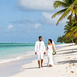Caribbean Holidays, December Weddings, A newly married couple walking along a sunlit Caribbean beach in December, with calm turquoise water, palm trees and soft white sand
