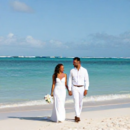 Caribbean Holidays, December Weddings, A newly married couple walking along a sunny Caribbean beach in Antigua, with calm turquoise water and soft white sand