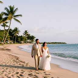 Caribbean Holidays, December Weddings, A newly married couple walking along a sunny Martinique beach in December, with turquoise sea, palm trees and soft golden light