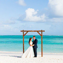 Caribbean Holidays, December Weddings, A newlywed couple standing beside a turquoise lagoon on a white-sand beach in Turks and Caicos, with a simple wedding arch and soft December sunlight