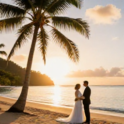 Caribbean Holidays, December Weddings, A newlywed couple standing on a beautiful Saint Lucia beach at sunset, with palm trees, calm turquoise water and soft golden light