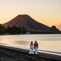 Caribbean Holidays, December Weddings, A newlywed couple walking along a quiet black-sand beach in Montserrat at sunset, with volcanic hills and calm Caribbean water