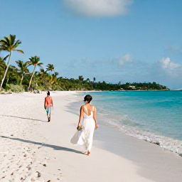 Caribbean Holidays, December Weddings, A newlywed couple walking along a sunlit white-sand beach in St Thomas, United States Virgin Islands, with turquoise water and gentle palms