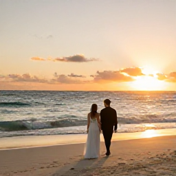 Caribbean Holidays, December Weddings, A newlywed couple walking along Grace Bay Beach at sunset in Turks and Caicos, with gentle waves and a glowing Caribbean sky