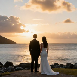 Caribbean Holidays, December Weddings, A newlywed couple watching the sunset from a Caribbean viewpoint in the United States Virgin Islands, with warm golden light over the sea