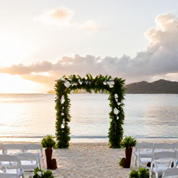 Caribbean Holidays, December Weddings, An elegant beach wedding ceremony at sunset in the United States Virgin Islands, with white chairs, tropical greenery and calm Caribbean sea