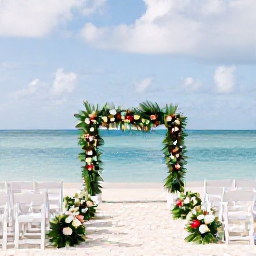 Caribbean Holidays, December Weddings, An elegant beach wedding ceremony in Providenciales, Turks and Caicos, with white chairs, tropical flowers and a calm turquoise sea
