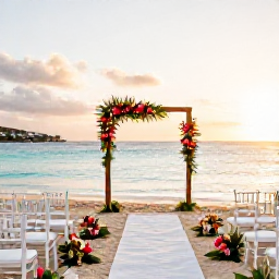 Caribbean Holidays, December Weddings, An elegant beach wedding ceremony in Saint Barth&eacute;lemy at sunset, with white chairs, tropical flowers and calm turquoise sea