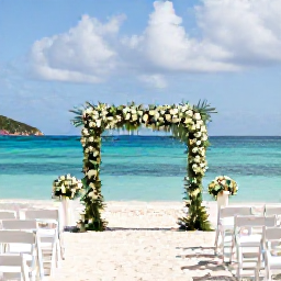 Caribbean Holidays, December Weddings, An elegant beach wedding ceremony in the British Virgin Islands, with a floral arch, white chairs and a turquoise Caribbean sea