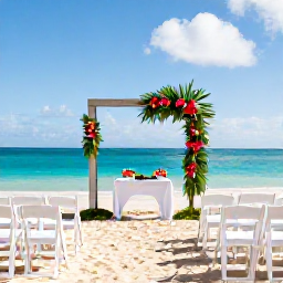 Caribbean Holidays, December Weddings, An elegant beach wedding ceremony on Saint Martin with white chairs, tropical flowers and a turquoise Caribbean sea