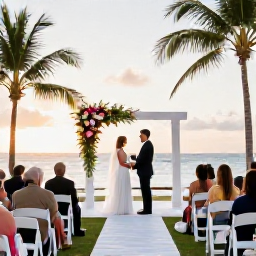 Caribbean Holidays, December Weddings, An elegant beachfront wedding ceremony at sunset in Tobago, with white chairs, tropical flowers, palm trees and a couple exchanging vows