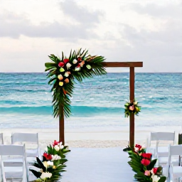 Caribbean Holidays, December Weddings, An elegant Caribbean beach wedding ceremony with white chairs, tropical flowers and a simple floral arch beside the sea