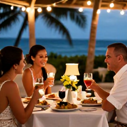 Caribbean Holidays, December Weddings, Bride and groom enjoying a Martinique wedding reception with Creole food, tropical drinks and gentle evening lights
