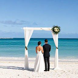 Caribbean Holidays, December Weddings, Bride and groom standing on a sunny Cayman Islands beach beside turquoise water, with simple tropical wedding decorations