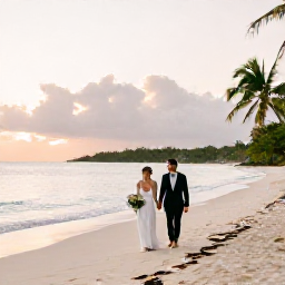Caribbean Holidays, December Weddings, Bride and groom walking along a quiet Haitian beach at sunrise, holding hands with calm turquoise water and palm trees nearby