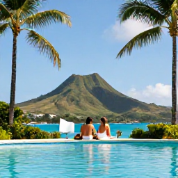 Caribbean Holidays, December Weddings, Couple relaxing beside a Caribbean pool in December, with palm trees, volcanic hills and bright blue sky on Saint Kitts and Nevis