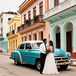 Caribbean Holidays, December Weddings, Cuban wedding couple exploring colourful Old Havana street with vintage classic car and colonial buildings