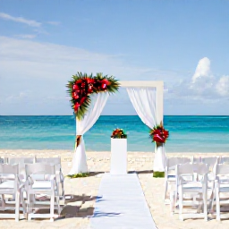 Caribbean Holidays, December Weddings, Elegant beach wedding ceremony in Saint Kitts in December, white chairs, tropical flowers and turquoise sea
