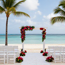 Caribbean Holidays, December Weddings, Elegant beachfront wedding ceremony in Cuba with white chairs, tropical flowers and calm blue sea