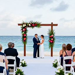 Caribbean Holidays, December Weddings, Elegant beachfront wedding ceremony in The Bahamas with white chairs, tropical flowers and a couple exchanging vows beside the sea