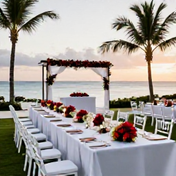 Caribbean Holidays, December Weddings, Elegant outdoor wedding reception at a Dominican Republic resort, with long tables, tropical flowers and the sea at sunset