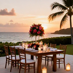 Caribbean Holidays, December Weddings, Elegant outdoor wedding reception in Haiti at sunset, with tropical flowers, lanterns, wooden tables and the Caribbean sea in the background