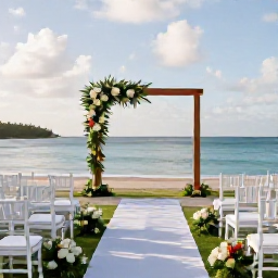 Caribbean Holidays, December Weddings, Elegant seaside wedding ceremony in Antigua with white chairs, tropical flowers and a view across the Caribbean Sea