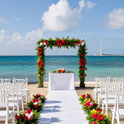 Caribbean Holidays, December Weddings, Elegant seaside wedding ceremony in Martinique with white chairs, tropical flowers and the Caribbean Sea in the background