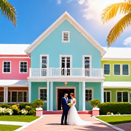Caribbean Holidays, December Weddings, Happy newlywed couple exploring Nassau in The Bahamas, with pastel buildings, palm trees and bright Caribbean sunshine