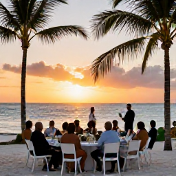 Caribbean Holidays, December Weddings, Happy wedding guests enjoying a relaxed Cuban beach reception at sunset with palm trees and gentle sea