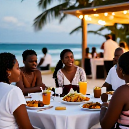 Caribbean Holidays, December Weddings, Happy wedding guests enjoying a relaxed Haitian beach reception, with local food, music, tropical drinks and warm evening light