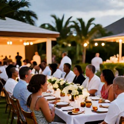 Caribbean Holidays, December Weddings, Happy wedding guests enjoying a relaxed outdoor reception in Antigua, with tropical greenery, long tables and warm evening light