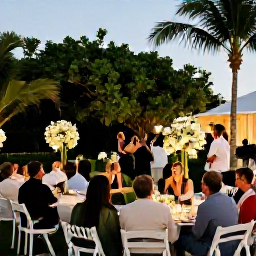 Caribbean Holidays, December Weddings, Happy wedding guests enjoying an elegant outdoor reception at a Cayman Islands resort, with tropical greenery and warm evening lighting