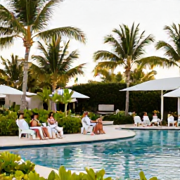 Caribbean Holidays, December Weddings, Happy wedding guests relaxing around a resort pool and tropical gardens in Punta Cana, Dominican Republic