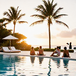 Caribbean Holidays, December Weddings, Happy wedding guests relaxing beside a Martinique hotel pool at sunset, with palm trees and warm tropical light
