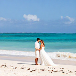 Caribbean Holidays, December Weddings, Newly married couple walking beside turquoise Caribbean sea on a sunny Cuban beach in December