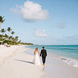 Caribbean Holidays, December Weddings, Newlywed couple walking along a quiet Caribbean beach in the Dominican Republic after their December wedding