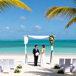 Caribbean Holidays, December Weddings, Newlyweds exchanging vows on a sunny Haitian beach in December, with turquoise sea, palm trees and simple elegant wedding d&eacute;cor